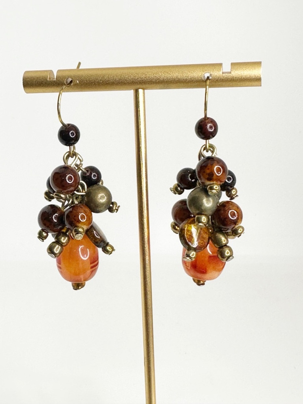 Boho Dangle Orange and Brown Bead Cluster Drop Earrings